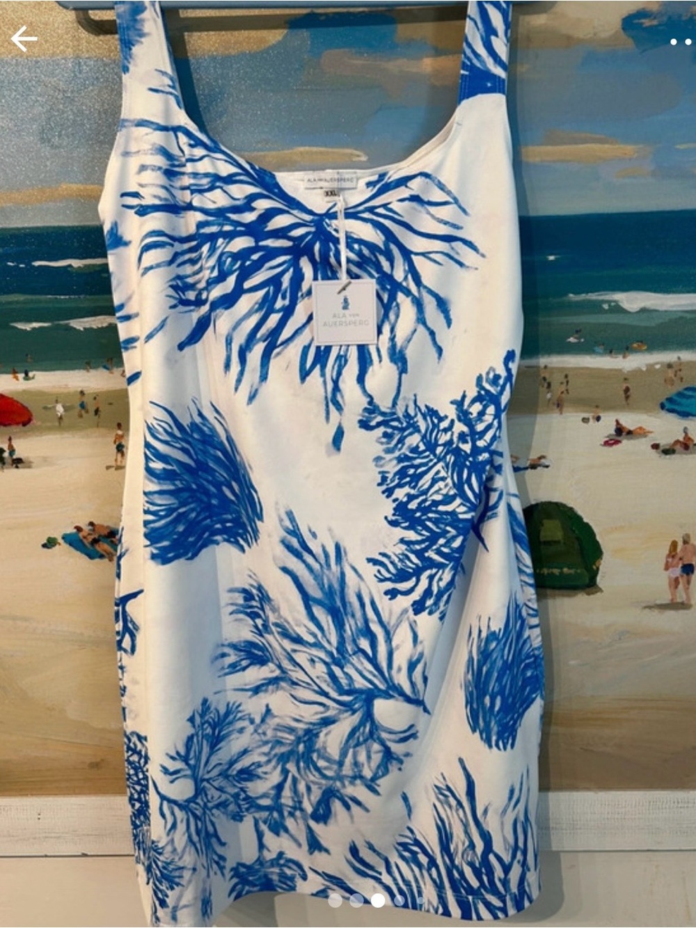 White Tank Dress with Blue Sea Coral print stretchy cool fabric